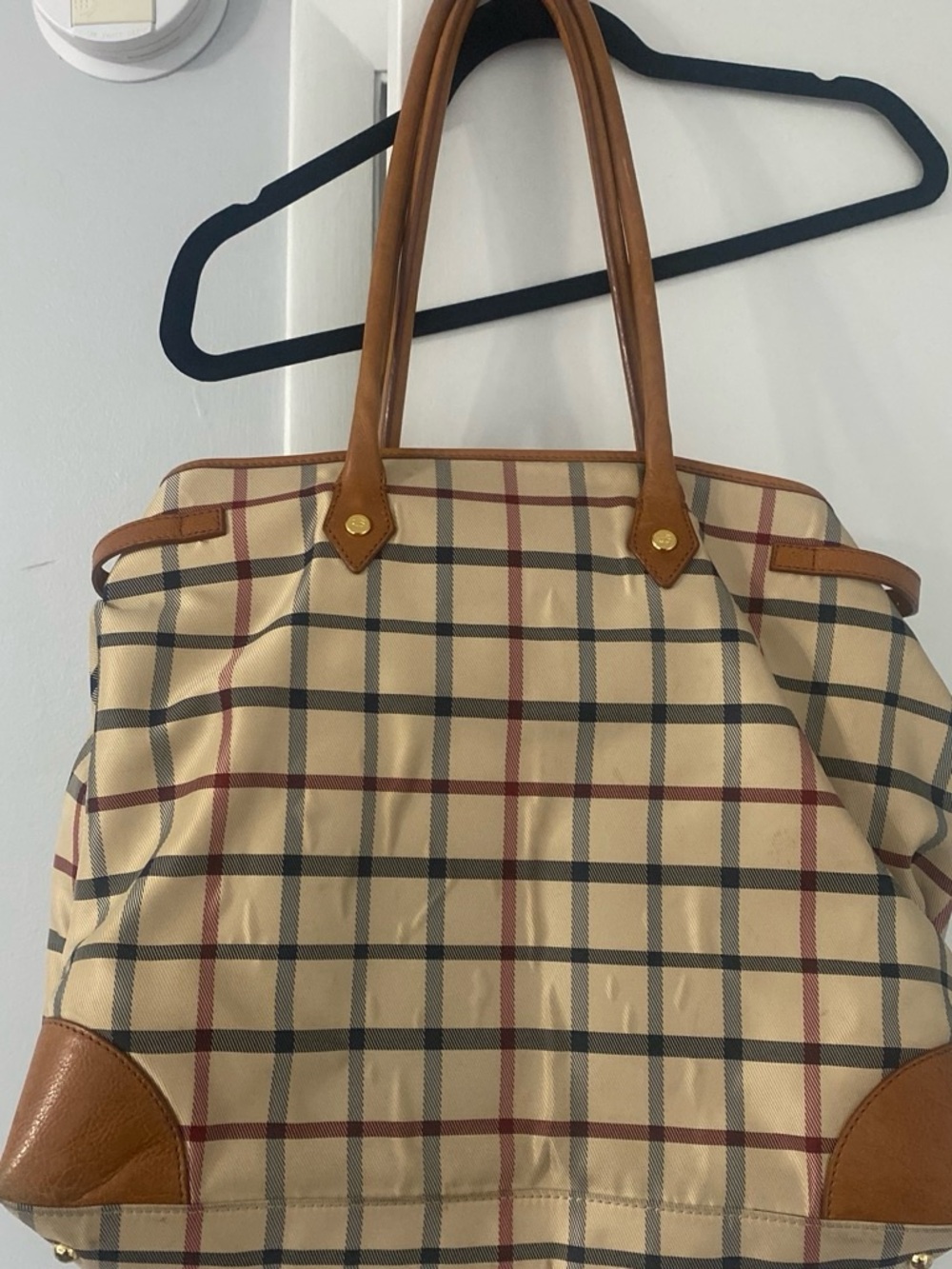 Brooks Brothers Beige Plaid Tote with Brown Leather Trim